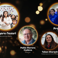 Four round images of people with text on a black background 