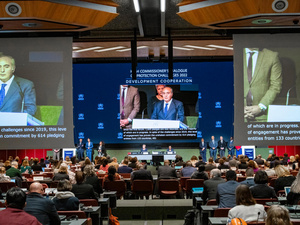 Three large screens show a projection of a speaker in a huge conference room.
