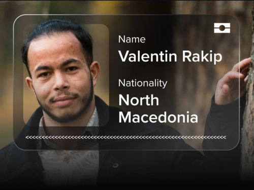 A young man with a graphic of an ID card overlaid on the photo. The card displays the text 'Nationality: North Macedonian'. 