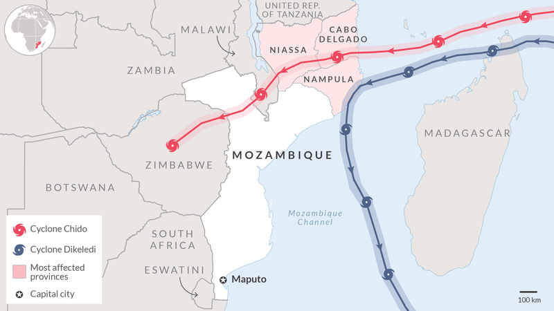 Carte montrant la trajectoire de deux cyclones sur le nord du Mozambique