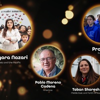 Four round images of people with text on a black background 