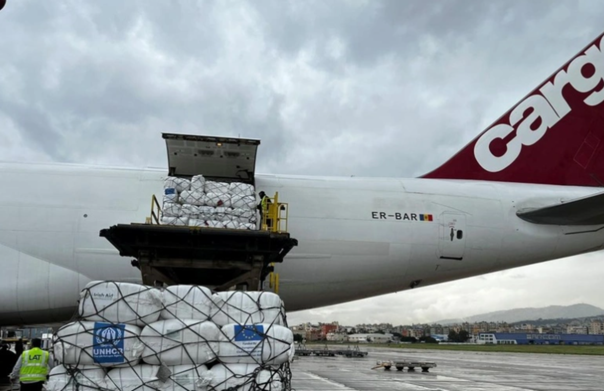 A humanitarian airbridge flight carrying emergency relief items to support the growing number of forcibly displaced families landing in Beirut International Airport