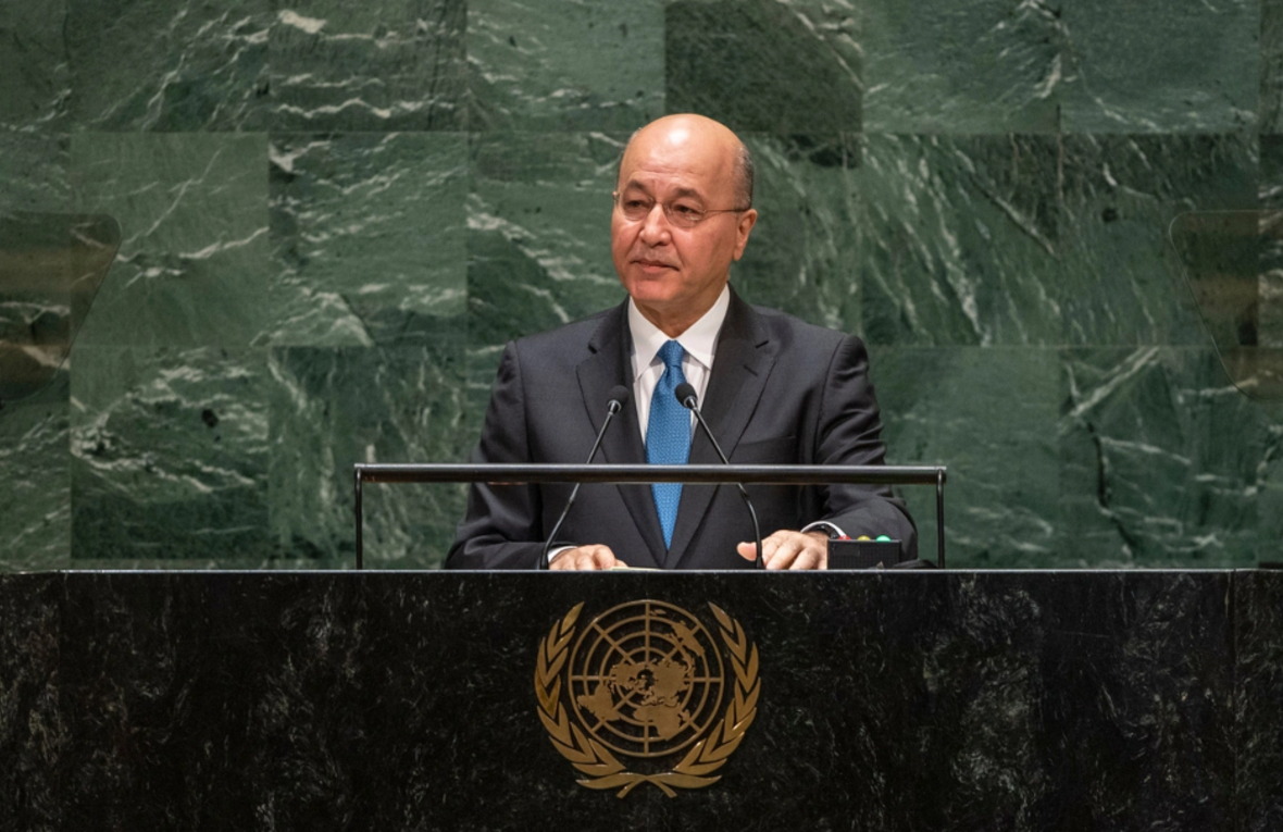 Former President of Iraq Barham Salih addresses the UN General Assembly in New York in 2019.