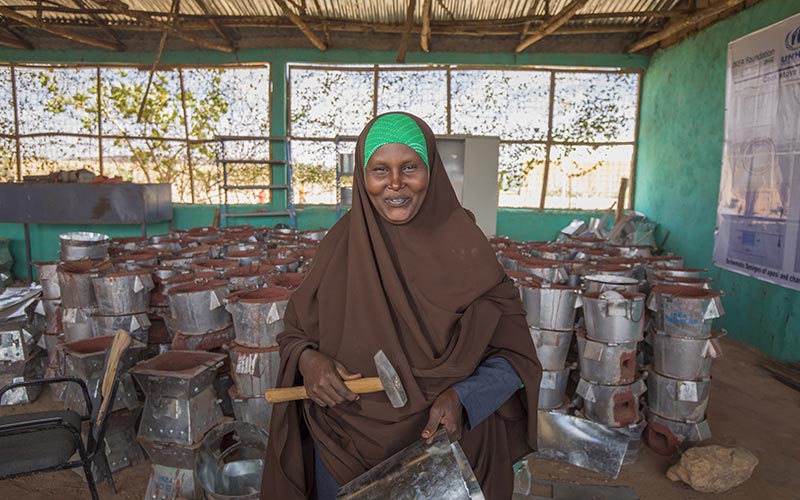 Refugees as well as host community members learn how to produce cook stoves. 