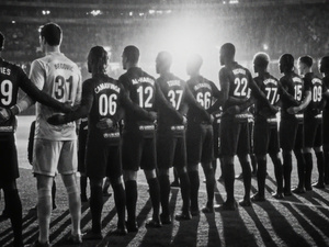 AI-assisted rearview image of a football team lined up on the pitch inside a brightly lit stadium 