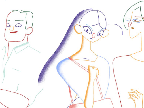 Illustration of a man staring insistently at two women.