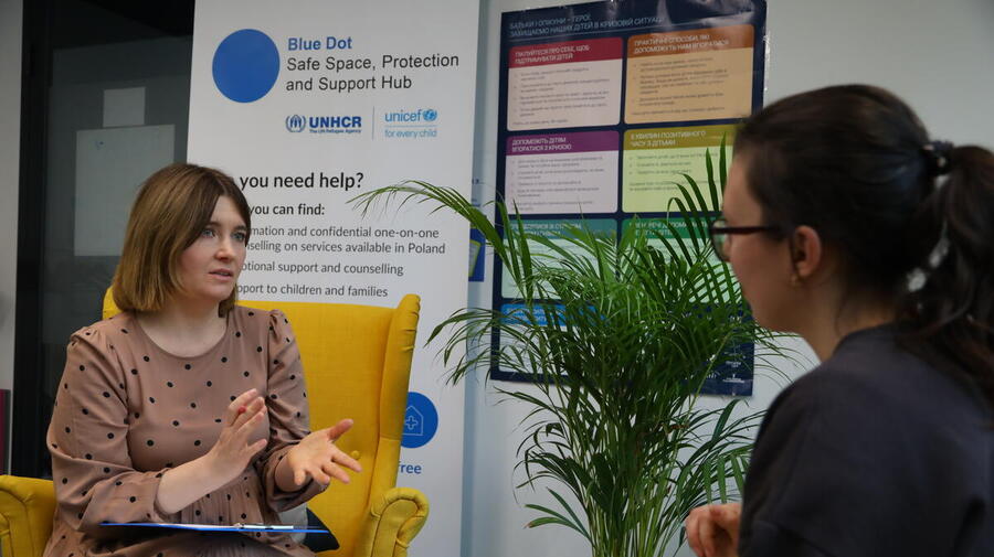 Poland. refugees from Ukraine getting psychological assistance at a UNHCR/Unicef Blue Dot in Warsaw