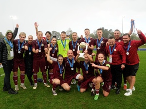 Players from the Latvia team celebrate after winning the Unity EURO Cup in Nyon, Switzerland.