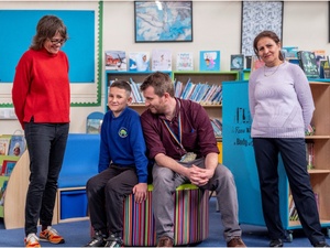 Left to right: Jeanette Baxter, Denys Liubou Savko, Jake-Rose Brown, and Saeedeh pictured in the library of Avenue Junior School. The school was instrumental in launching Schools of Sanctuary, a national network of over 400 primary and secondary schools, nurseries and sixth forms in the UK, all committed to creating a culture of inclusion for refugees and people seeking asylum.