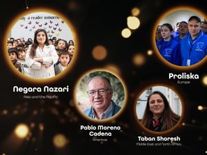 Four round images of people with text on a black background 