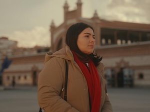 Khadija walks through Matadero, a cultural space in the center of Madrid, the city where she lives.