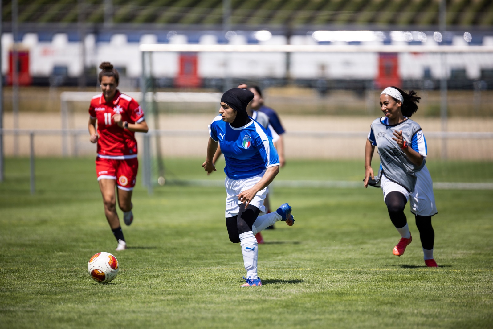  Refugee and host community players representing nations across Europe come together at UEFA headquarters in Switzerland for the first edition of the Unity EURO Cup in 2022.