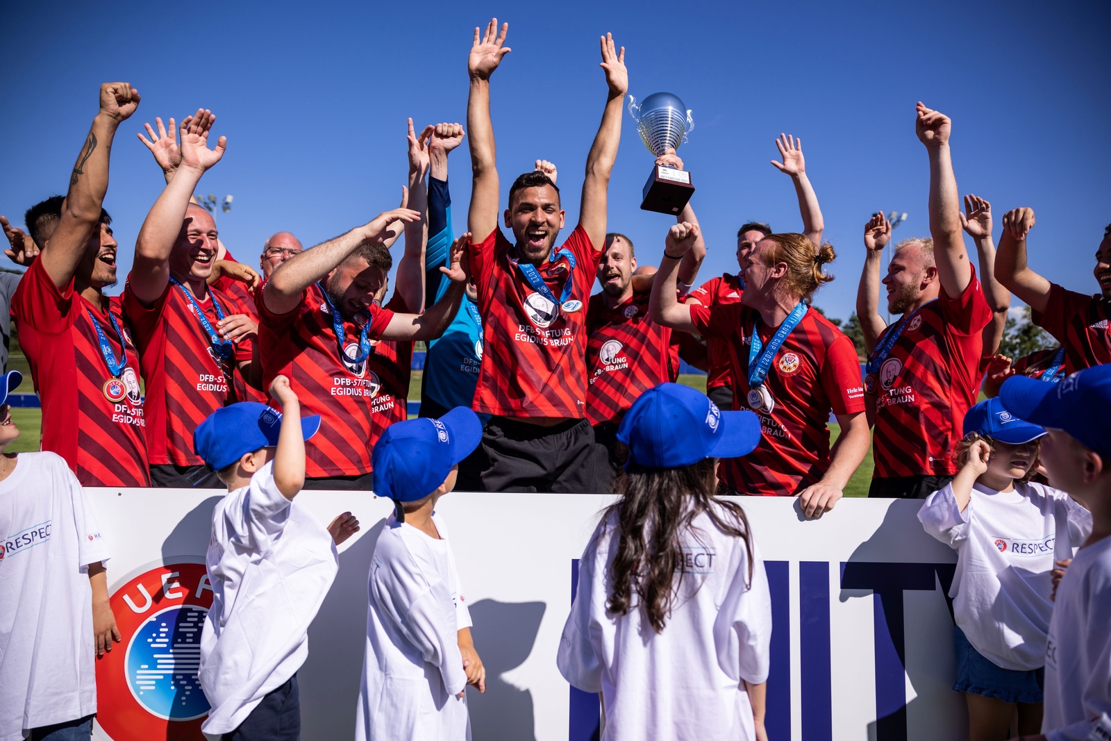 Players from the German team celebrate during the final of the first ever Unity EURO Cup in 2022.