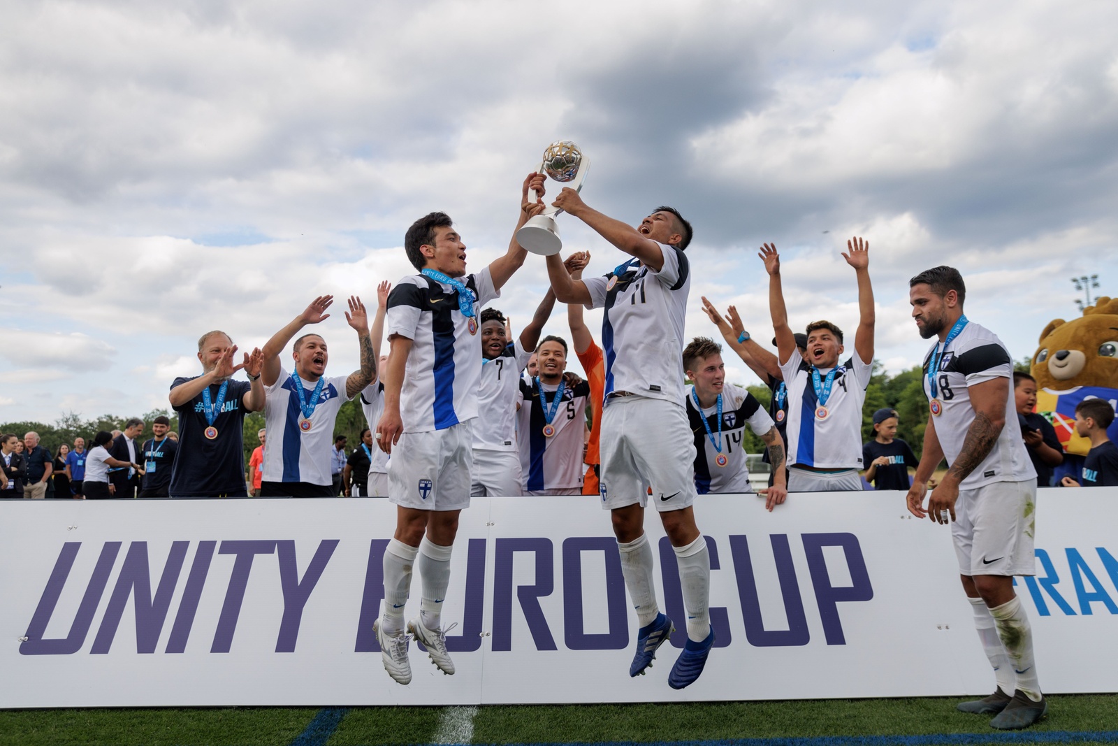 The Finland team celebrating their win in the final of the 2023 Unity EURO Cup.