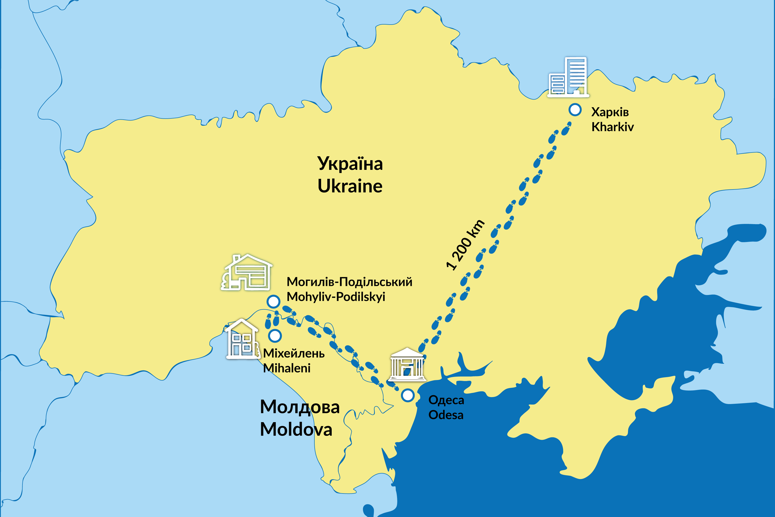 A map showing Valentina's journey from Kharkiv to Mihaleni.