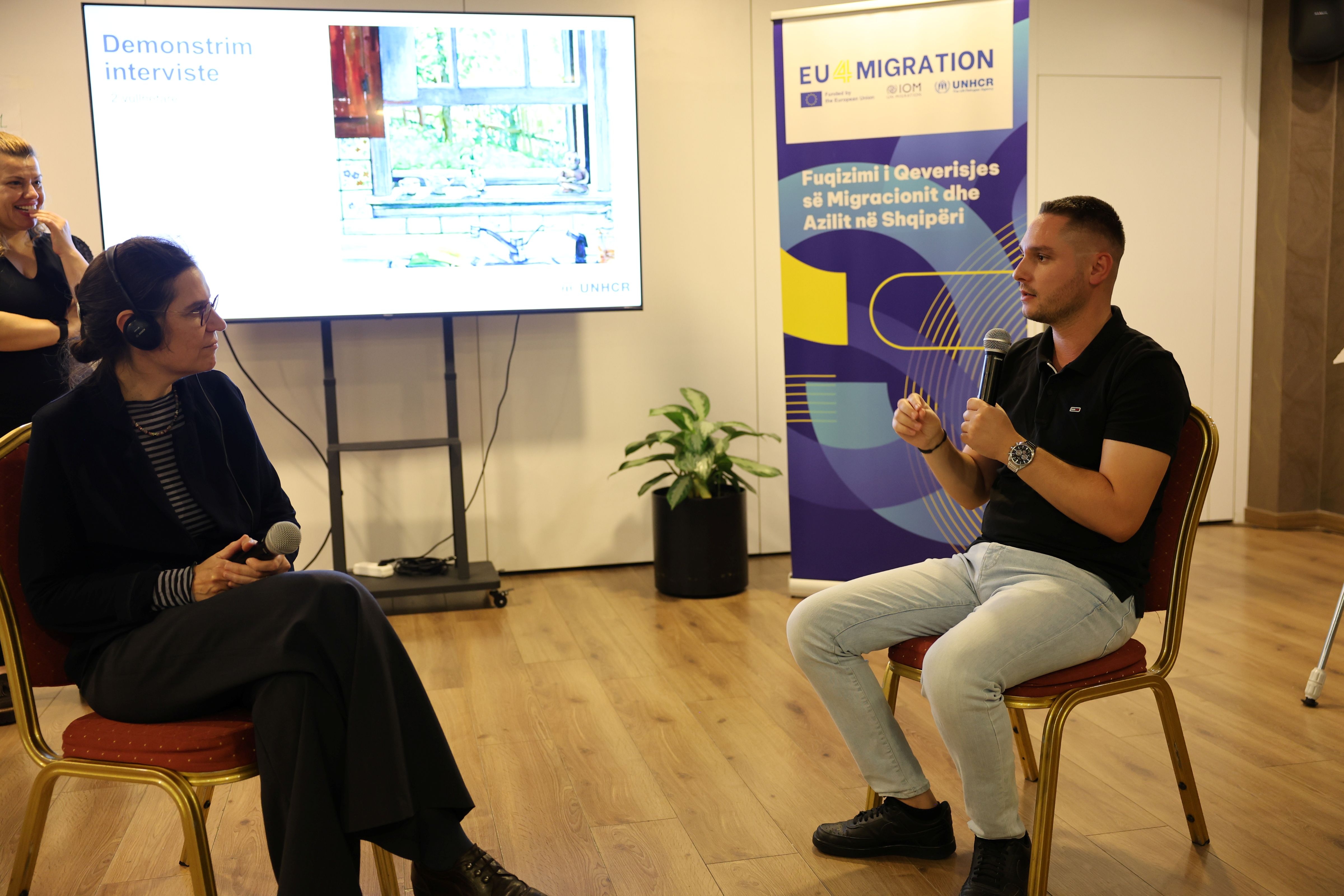A participant practices interviewing techniques during a mock interview exercise, part of the protection-sensitive interviewing training supported by UNHCR under the EU4Migration project. 