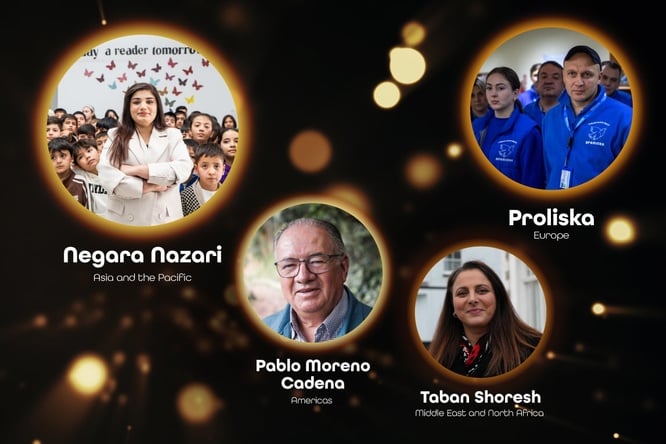 Four round images of people with text on a black background 