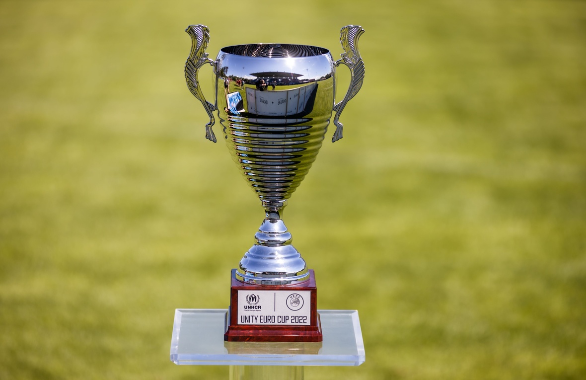 Trophy of the first ever Unity EURO Cup organized by UNHCR and UEFA at UEFA's headquarters in Nyon, Switzerland in 2022.