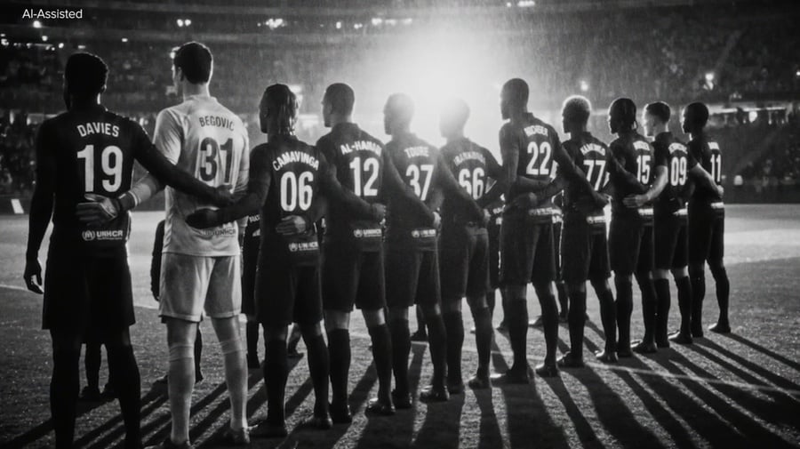 AI-assisted rearview image of a football team lined up on the pitch inside a brightly lit stadium 