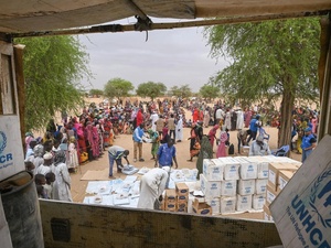 Des collaborateurs déchargent l'aide d'urgence du HCR destinée aux réfugiés soudanais sur le site de Madjigilta au Tchad en mai 2023.