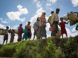 Un groupe d'hommes, de femmes et d'enfants rohingyas transportent leurs affaires sur une crête herbeuse.