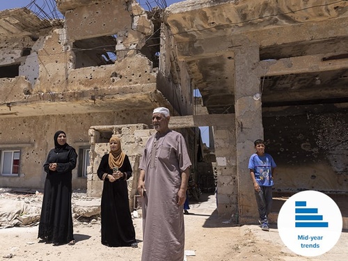 A family of four refugee returnees stand in front of a partially-collapsed building – their home in Daraa, southern Syria