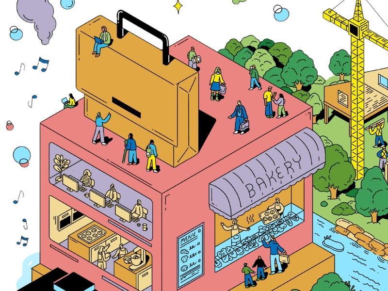 Illustration d'une énorme valise sur le toit d'une boulangerie, entourée de personnes.