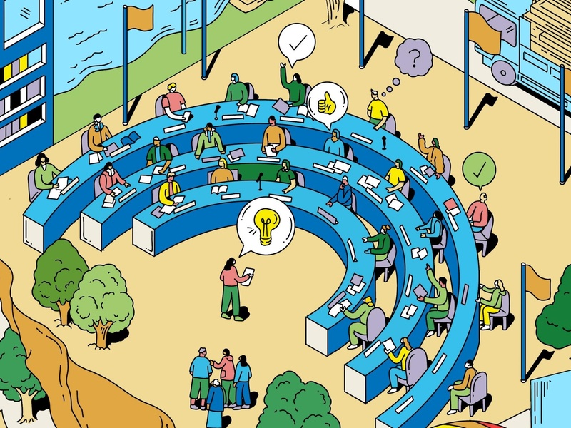 Illustration d'une assemblée. Les personnes sont assises en demi-cercle.