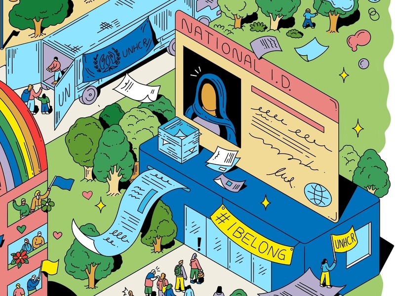 Illustration d'une grande carte d'identité nationale, à côté d'un camion bleu portant le drapeau du HCR.