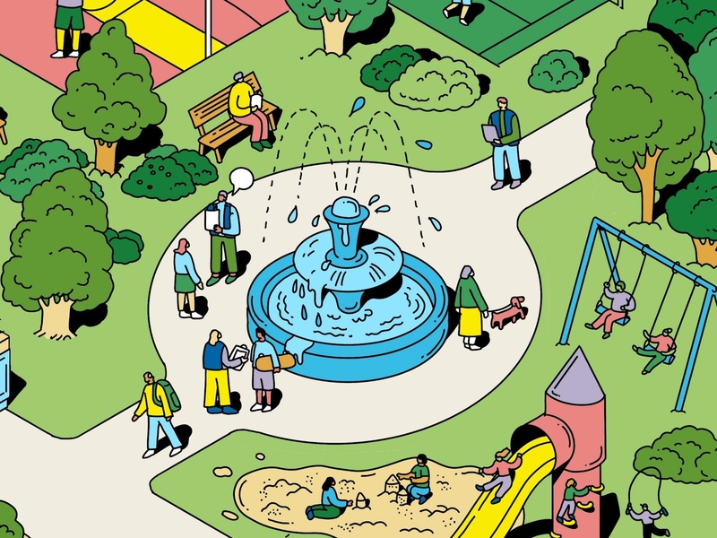 Illustration d'une fontaine au milieu d'un parc. Les gens se promènent et s'assoient autour d'elle.