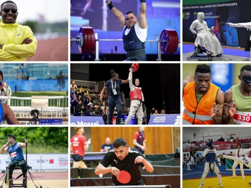 Collage de photos d'athlètes réfugiés pratiquant leurs sports respectifs.