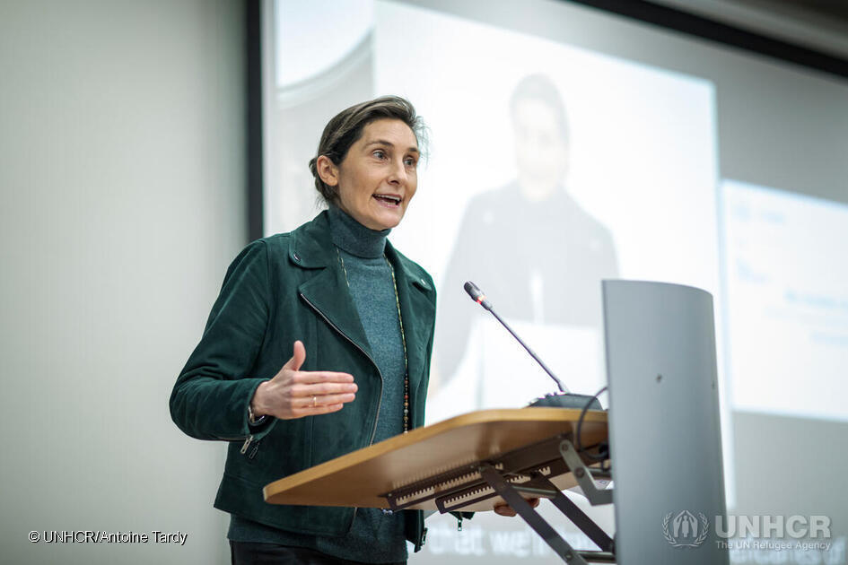 Amélie Amélie Oudéa-Castéra, Minister for Sport and the Olympic & Paralympic Games, France and Masoma Ali Zada, Olympic cyclist, Refugee Olympic Team, speaks at the High-Level Event on the potential of sports in fostering inclusion and protection, one of a series of discussions at the Global Refugee Forum 2023.