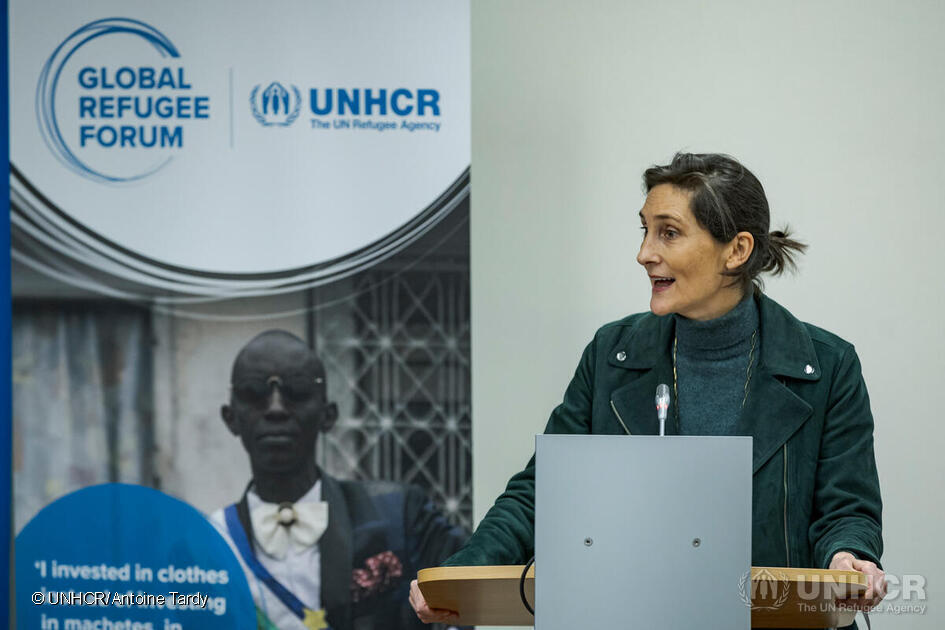 Amélie Amélie Oudéa-Castéra, Minister for Sport and the Olympic & Paralympic Games, France and Masoma Ali Zada, Olympic cyclist, Refugee Olympic Team, speaks at the High-Level Event on the potential of sports in fostering inclusion and protection, one of a series of discussions at the Global Refugee Forum 2023.