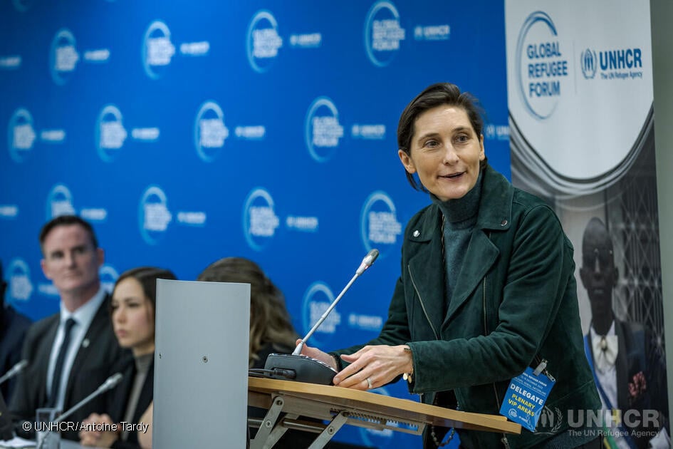 Amélie Amélie Oudéa-Castéra, Minister for Sport and the Olympic & Paralympic Games, France and Masoma Ali Zada, Olympic cyclist, Refugee Olympic Team, speaks at the High-Level Event on the potential of sports in fostering inclusion and protection, one of a series of discussions at the Global Refugee Forum 2023.