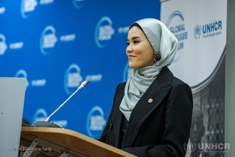 Amélie Amélie Oudéa-Castéra, Minister for Sport and the Olympic & Paralympic Games, France and Masoma Ali Zada, Olympic cyclist, Refugee Olympic Team, speaks at the High-Level Event on the potential of sports in fostering inclusion and protection, one of a series of discussions at the Global Refugee Forum 2023.