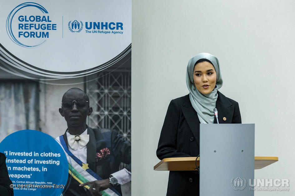 Amélie Amélie Oudéa-Castéra, Minister for Sport and the Olympic & Paralympic Games, France and Masoma Ali Zada, Olympic cyclist, Refugee Olympic Team, speaks at the High-Level Event on the potential of sports in fostering inclusion and protection, one of a series of discussions at the Global Refugee Forum 2023.