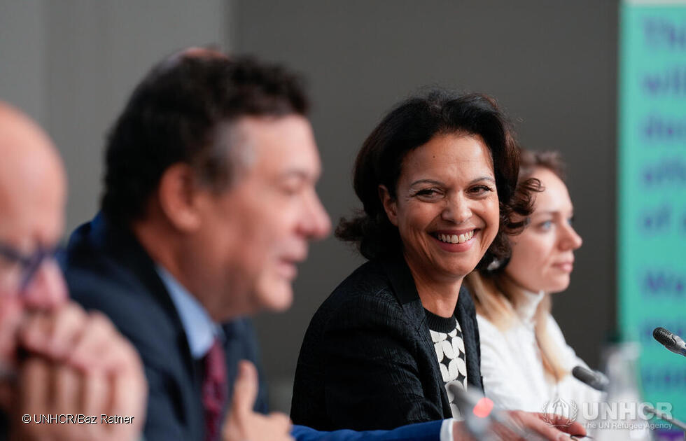 Najat Vallaud-Belkacem, President, France Terre d’Asile speaks during a High-Level Event ‘Ukraine Refugee Situation – Access to Rights’, one of a series of discussions at the Global Refugee Forum 2023.