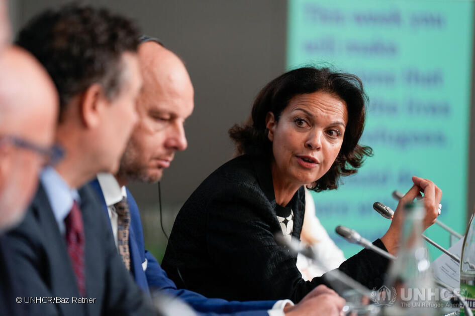 Najat Vallaud-Belkacem, President, France Terre d’Asile speaks during a High-Level Event ‘Ukraine Refugee Situation – Access to Rights’, one of a series of discussions at the Global Refugee Forum 2023.