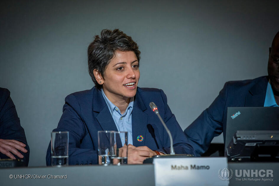 Maha Mamo (veste bleu) at the High-Level Event ‘Connectivity for Refugees’, one of a series of discussions at the Global Refugee Forum 2023.