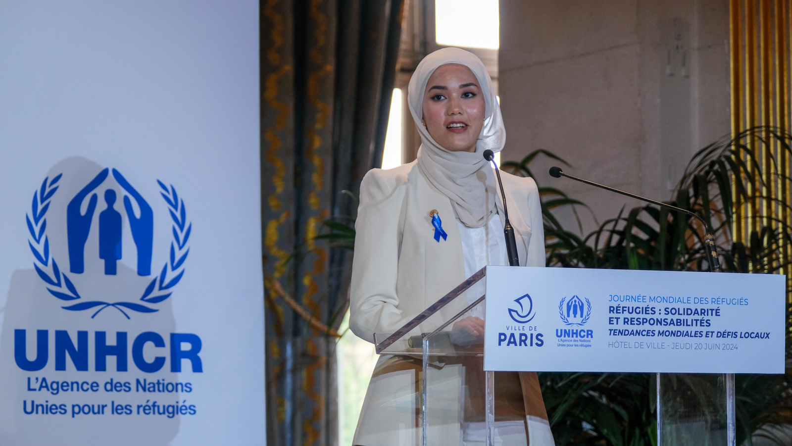 Masomah Ali Zada prend la parole à la Conférence capitale organisée par la Ville de Paris et le HCR à l'occasion de la Journée mondiale des réfugiés 2024