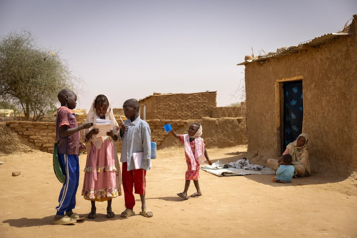 Chad. Sudanese refugee children on their way to school in Gaga settlement