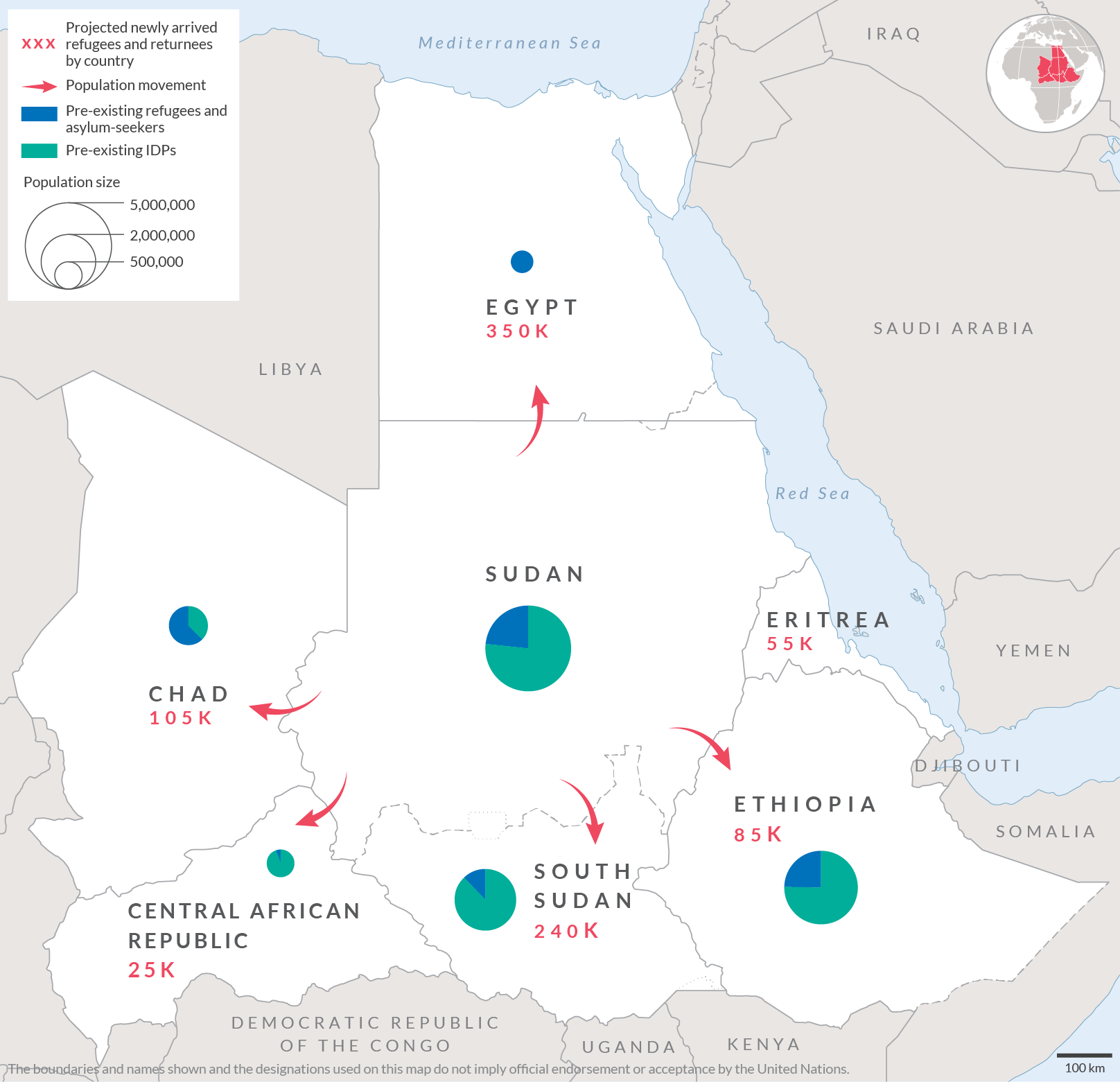 Carte du Soudan et des pays voisins, indiquant les estimations du nombre de nouveaux réfugiés et de rapatriés par pays
