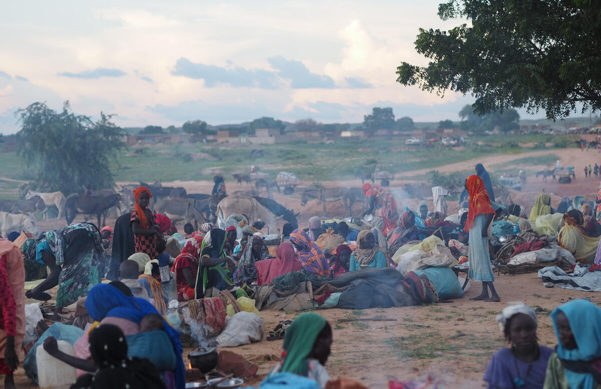 Un grand groupe de réfugiés soudanais est assis et debout à l'extérieur, avec des ânes à proximité.