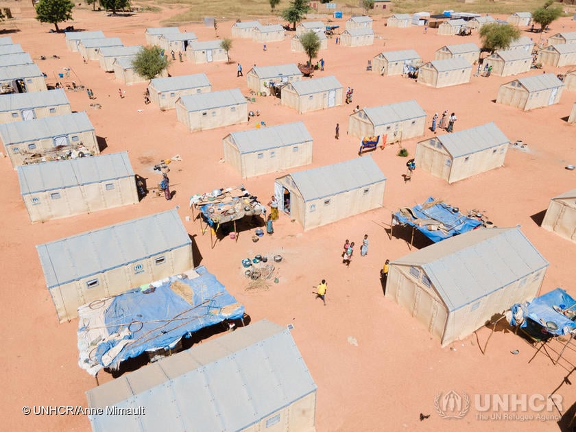 UNHCR shelters house internally displaced people at a site in Kongoussi, northern Burkina Faso, where tents were destroyed during heavy rain in April 2020.