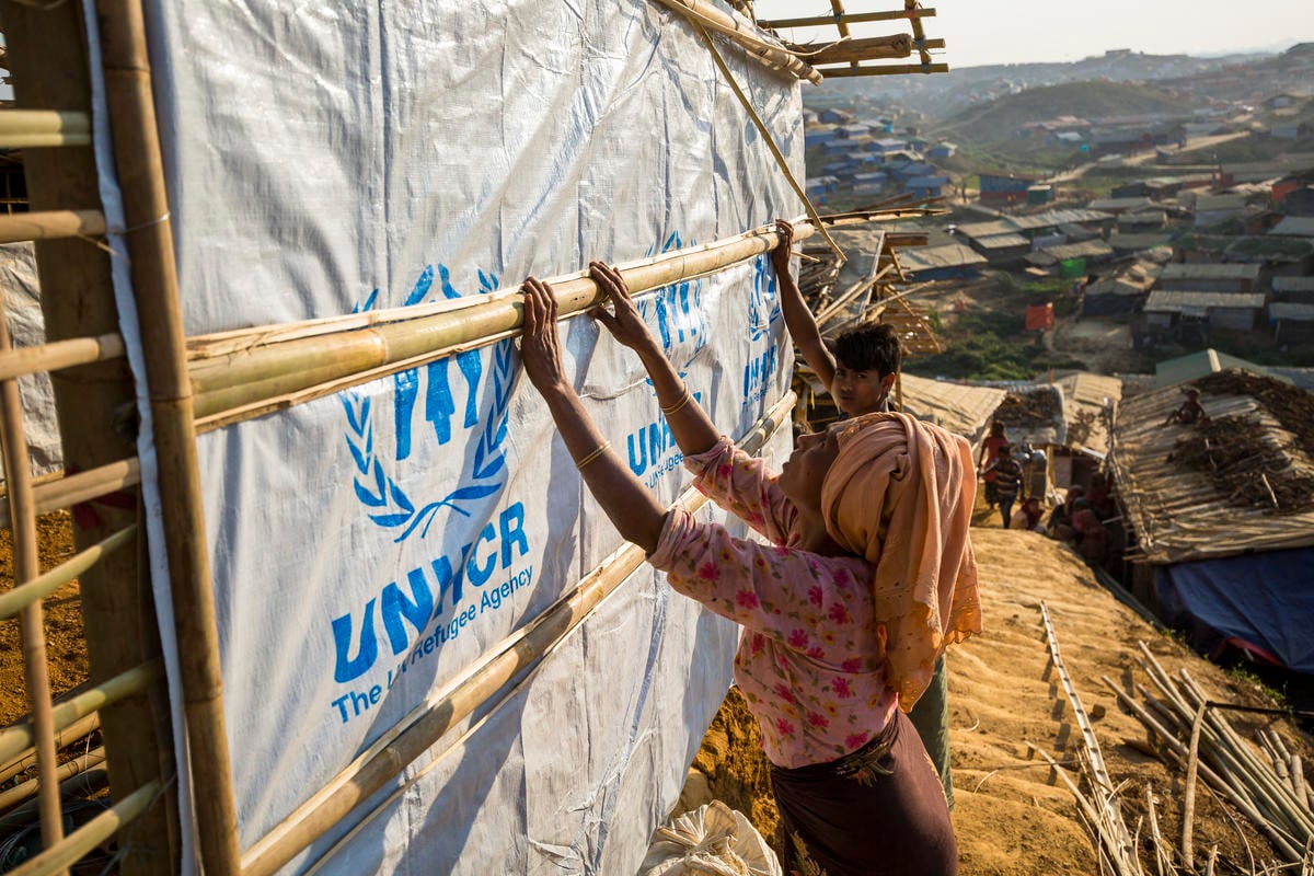 Two refugees build a shelter with bamboo poles and tarpaulins