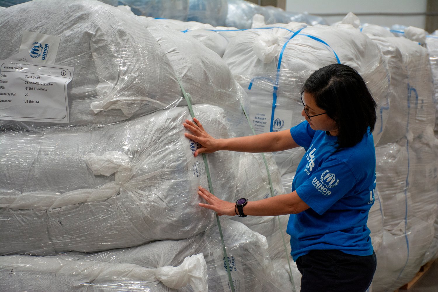 Sustainable Supply Officer Tzitzi Caldera Fonseca at a UNHCR warehouse in Ullo, Hungary.