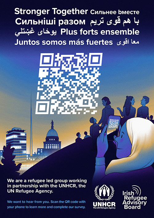 An illustrated woman looks over a hill on a blue background looking at a QR code in the sky