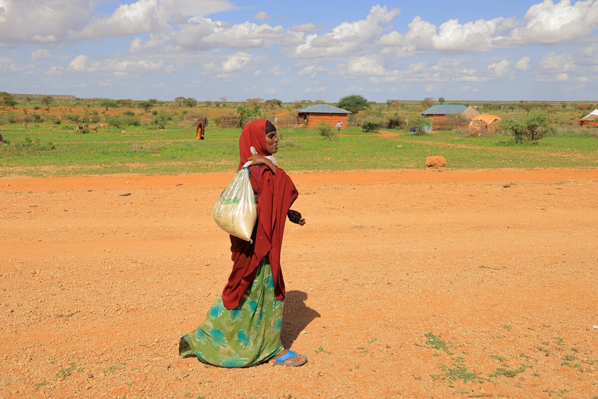 A woman displaced by severe drought in Ethiopia returns to her shelter after buying groceries with cash assistance she received from UNHCR.