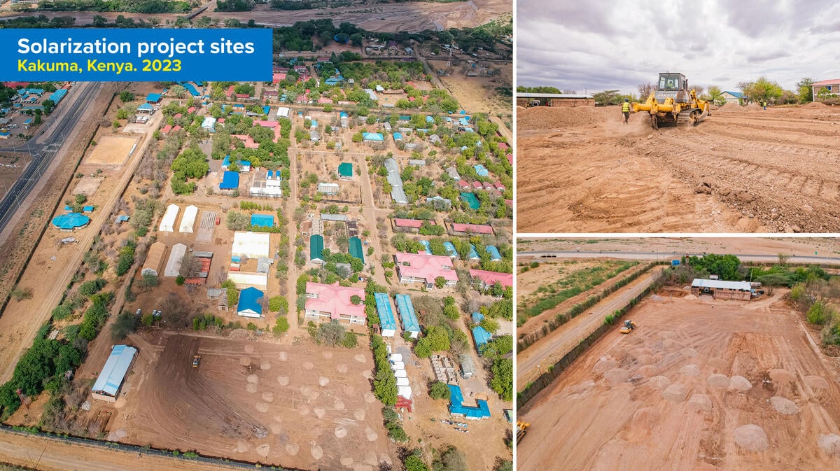 Three aerial images of solarization project sites in Kakuma, Kenya