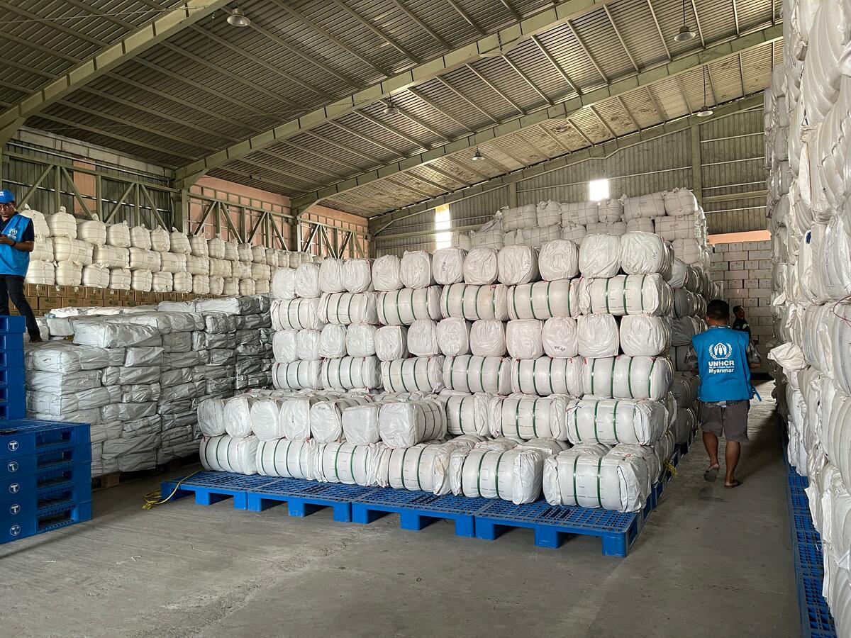 The inside of a warehouse with emergency relief items